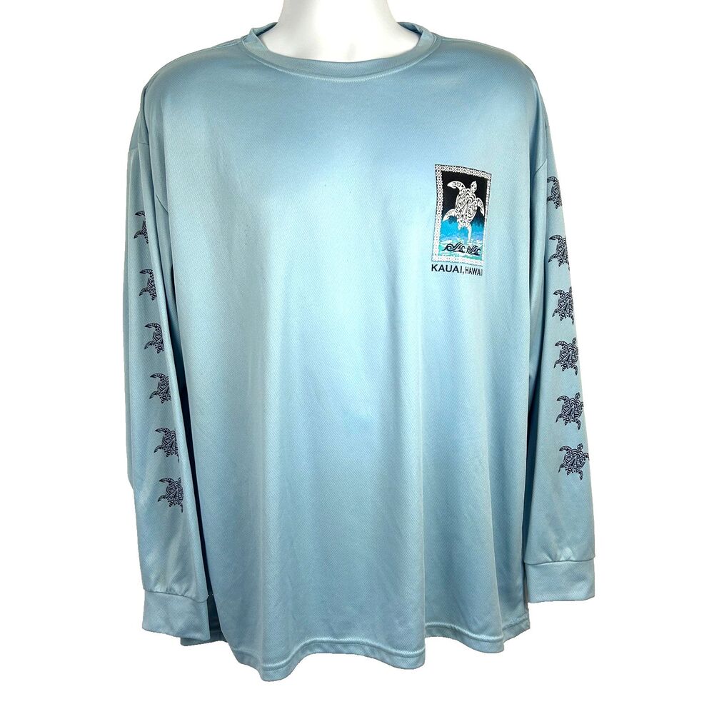 Yacht Club Blue Long Sleeve Shirt Kauai Hawaii Tribal Sea Turtle 2XL double side